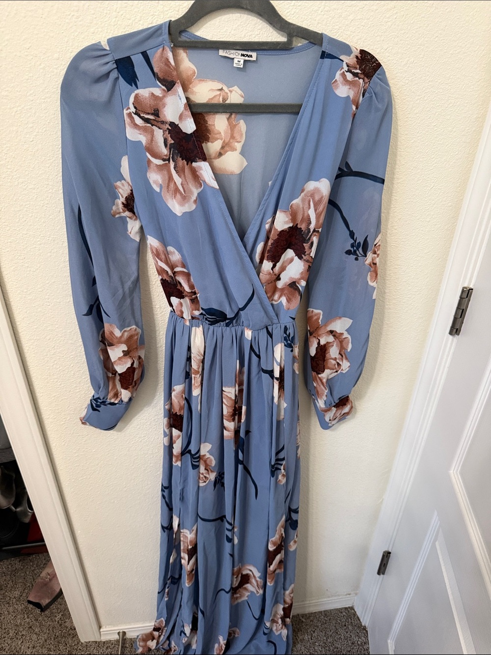Fashion Nova Dusty Blue Floral Wrap Maxi Dress